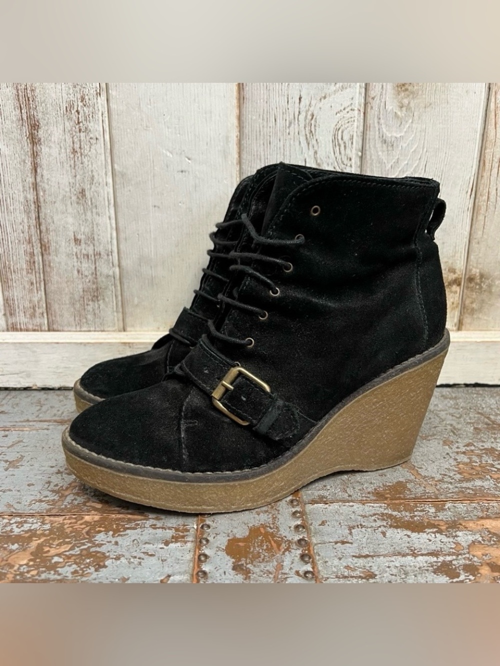 Madewell Black Suede Wedge Lace Up Ankle Boots